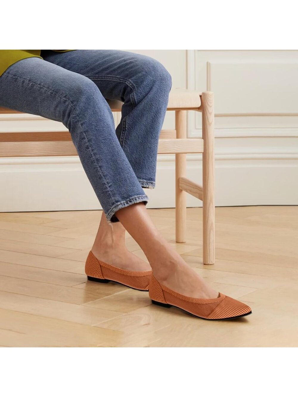 Women's Brown Pointed Toe Knit Comfortable Dressy Mesh Pull On Ballet Flats - Picture 2 of 6